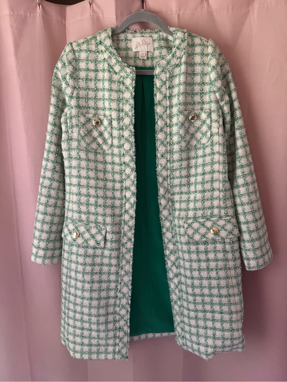 Lilly Pulitzer Green & White Tweed Collarless Coat with Gold Buttons